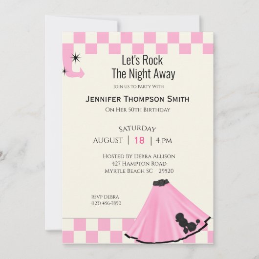 50's fifties roze poedelrok verjaardagsfeestje kaart (Voorkant)