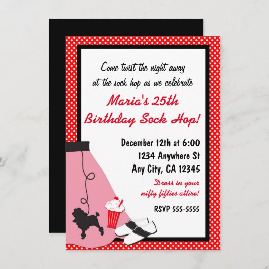 50's Fifties Sock Hop Poedel Rok Rood Uitnodiginge Kaart (Voorkant / Achterkant)