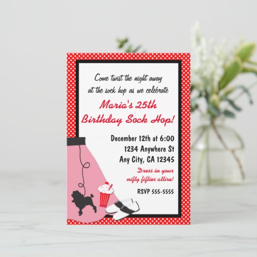 50's Fifties Sock Hop Poedel Rok Rood Uitnodiginge Kaart (Staand voorkant)