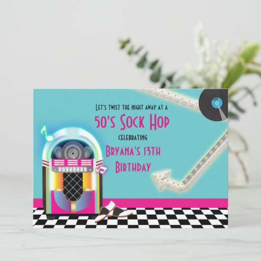 50's Jukebox Dance Party Sock Hop uitnodiging (Staand voorkant)