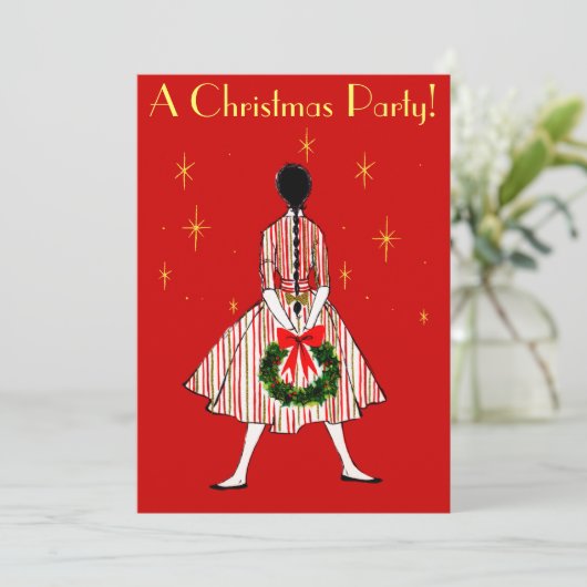  50s Kerstmeisje Uitnodiging (Staand voorkant)