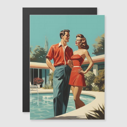 50s Koppel Bij Het Zwembad Magnetische Uitnodiging (Voorkant / Achterkant)