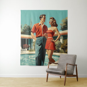 50s Koppel Bij Het Zwembad Wandkleed
