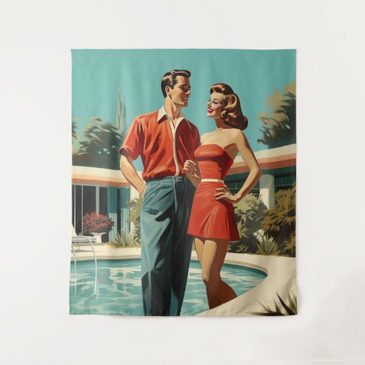 50s Koppel Bij Het Zwembad Wandkleed (Voorkant)