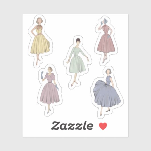 50s mode 5 kleurrijke jurken sticker (Vel)