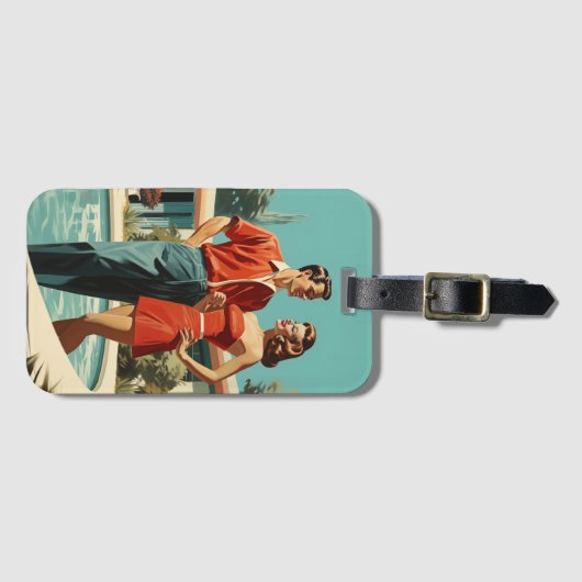 50s paar bij het zwembad bagagelabel (Voorkant (horizontaal))