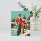 50s paar bij het zwembad briefkaart (Staand voorkant)