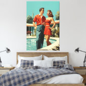 50s paar bij het zwembad canvas afdruk (Insitu (Slaapkamer))