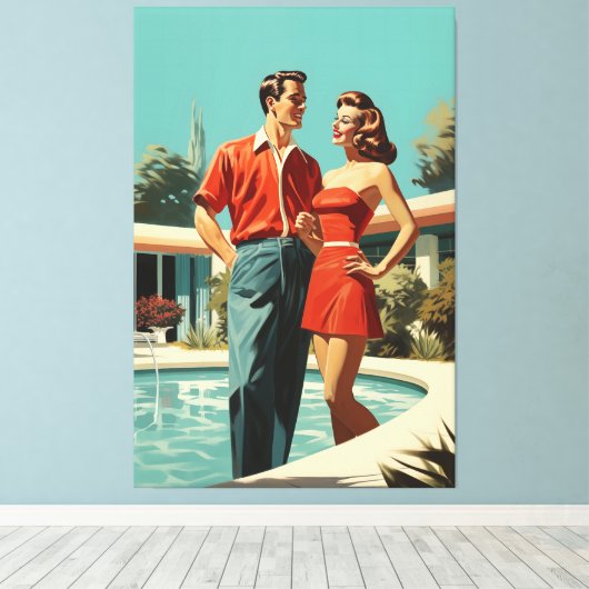 50s paar bij het zwembad canvas afdruk (Insitu (Houten vloer))