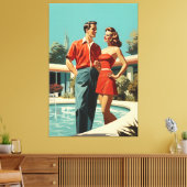 50s paar bij het zwembad canvas afdruk (Insitu (Woonkamer))