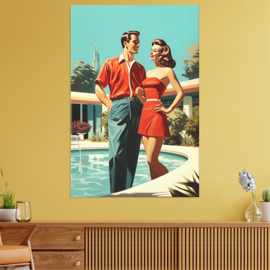 50s paar bij het zwembad canvas afdruk (Insitu (Woonkamer))
