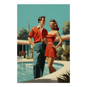 50s paar bij het zwembad perfect poster