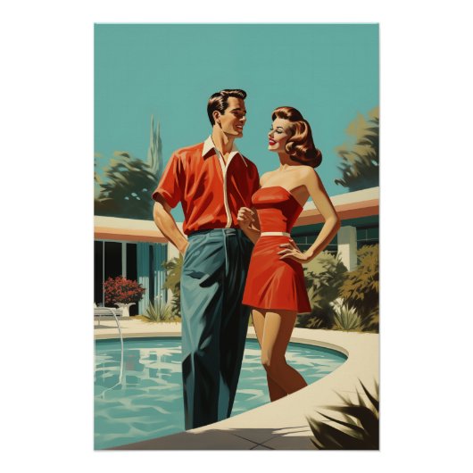 50s paar bij het zwembad perfect poster (Voorkant)