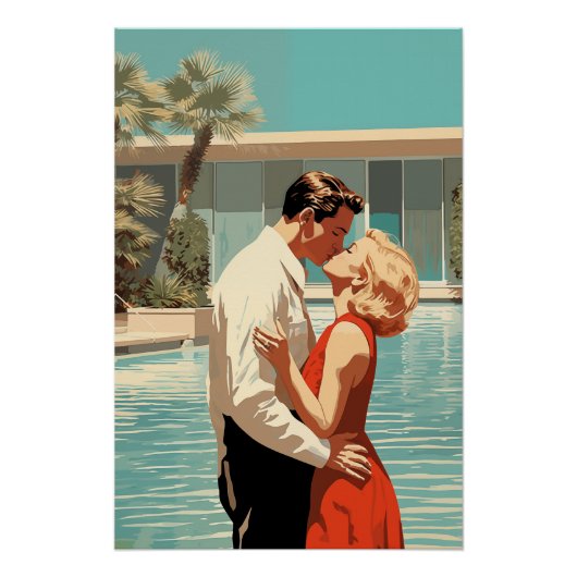 50s paar zoenen bij het zwembad perfect poster (Voorkant)