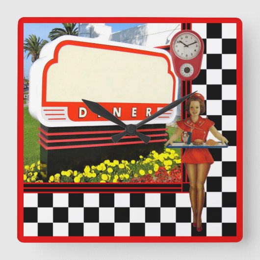 50s Retro Diner Blank Sign Vierkante Klok (Voorkant)