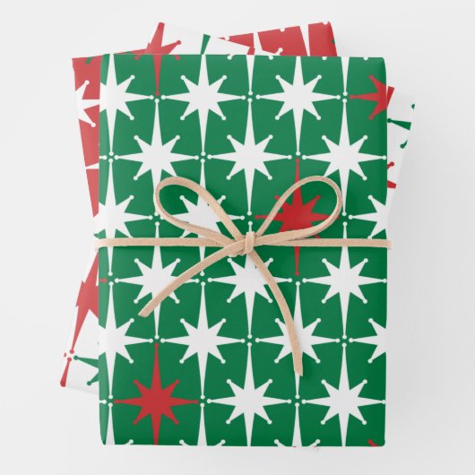 50s Retro kerststerren rood-groen wit Inpakpapier Vel (In situ)