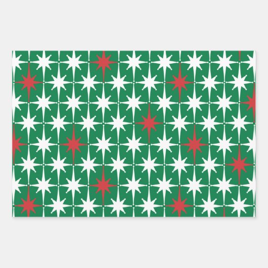 50s Retro kerststerren rood-groen wit Inpakpapier Vel (Voorkant)