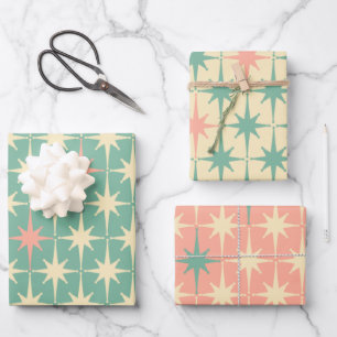  50s Retro Stars Patroonroze Mint Cream Inpakpapier Vel