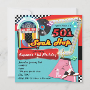 50's SOCK HOP Birthday Party Retro Red Invitation Kaart