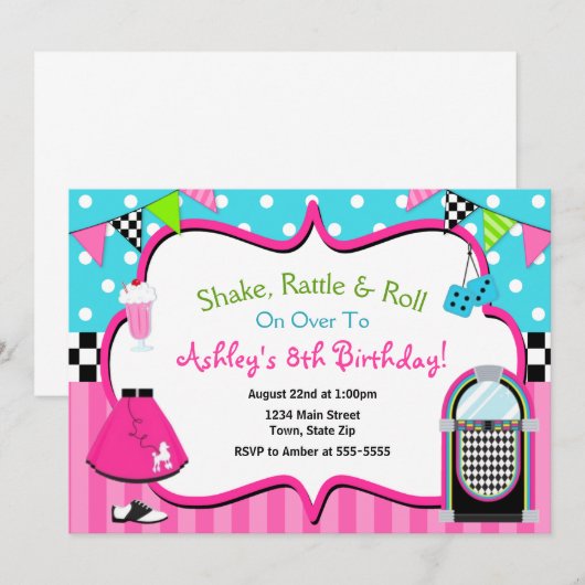 50's Verjaardag Uitnodiging Sock Hop Juke Box Uitn (Voorkant / Achterkant)