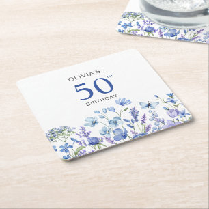 50ste Blauwe Bloemen Verjaardag Kartonnen Onderzetters