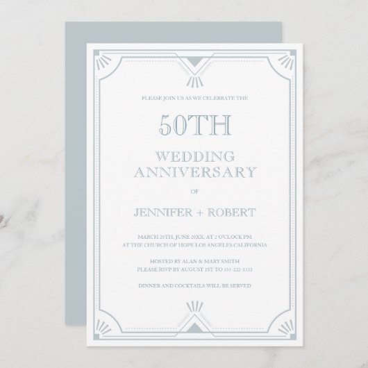 50ste bruiloft Jubileum Blauw-grijs art Deco Lijst Kaart (Voorkant / Achterkant)