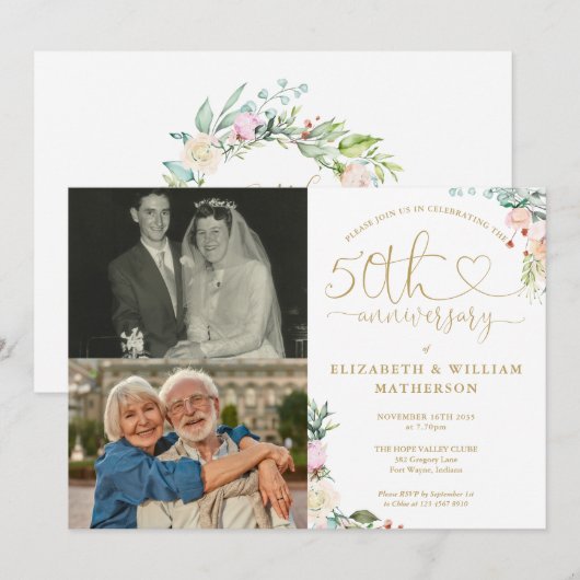 50ste bruiloft Jubileum Bloemen Monogram 2 Foto's Kaart (Voorkant / Achterkant)