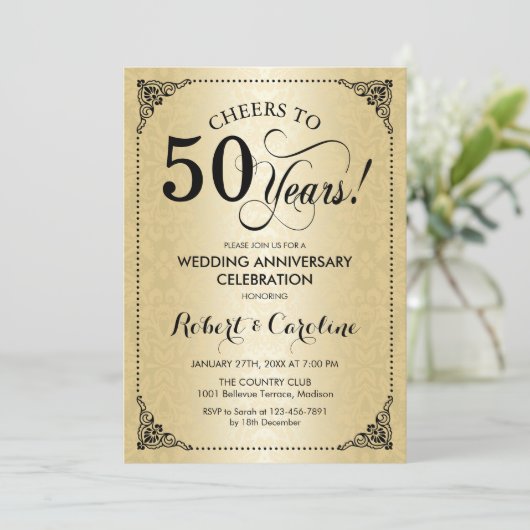 50ste bruiloft Jubileum - Goud Zwart Damask Kaart (Staand voorkant)