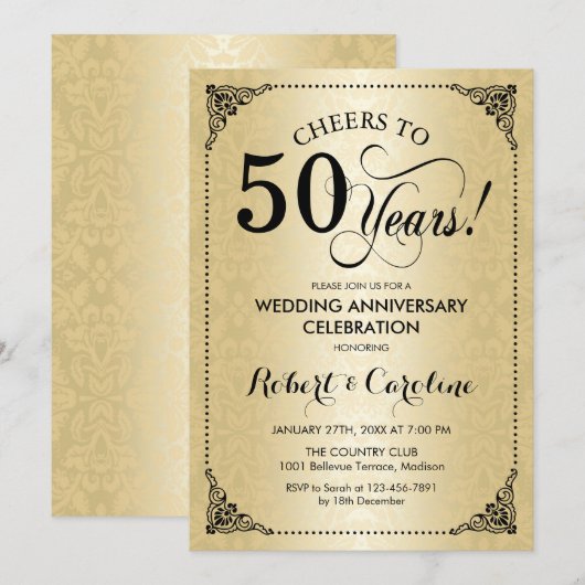 50ste bruiloft Jubileum - Goud Zwart Damask Kaart (Voorkant / Achterkant)