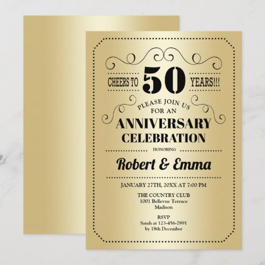 50ste bruiloft Jubileum Party - Gold Black Kaart (Voorkant / Achterkant)