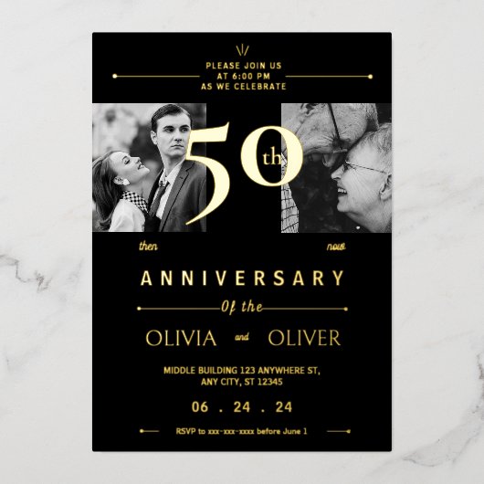 50ste bruiloft Jubileum toen en nu Folie Uitnodiging (Voorkant)