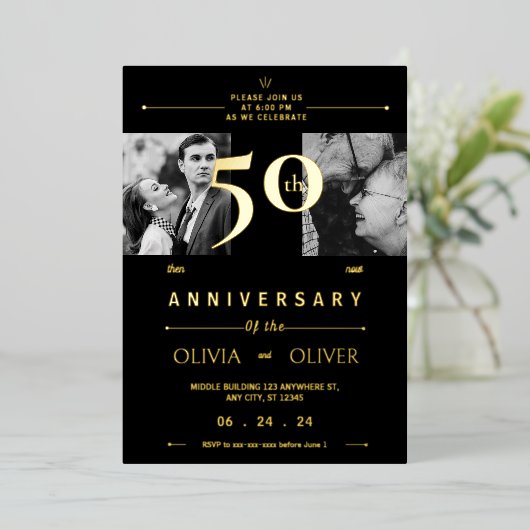 50ste bruiloft Jubileum toen en nu Folie Uitnodiging (Staand Voorkant)