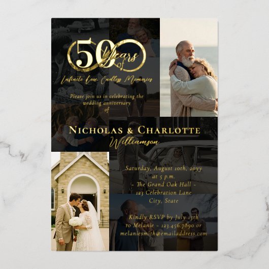 50ste bruiloft Jubileum Toen & Nu Fotocollage Folie Uitnodiging (Voorkant)