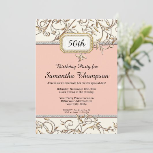 50ste Glam Goud Roze Art Nouveau Verjaardag Kaart (Staand voorkant)