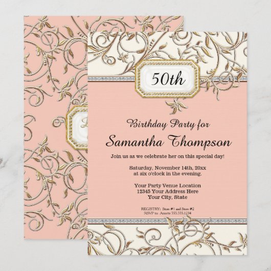 50ste Glam Goud Roze Art Nouveau Verjaardag Kaart (Voorkant / Achterkant)