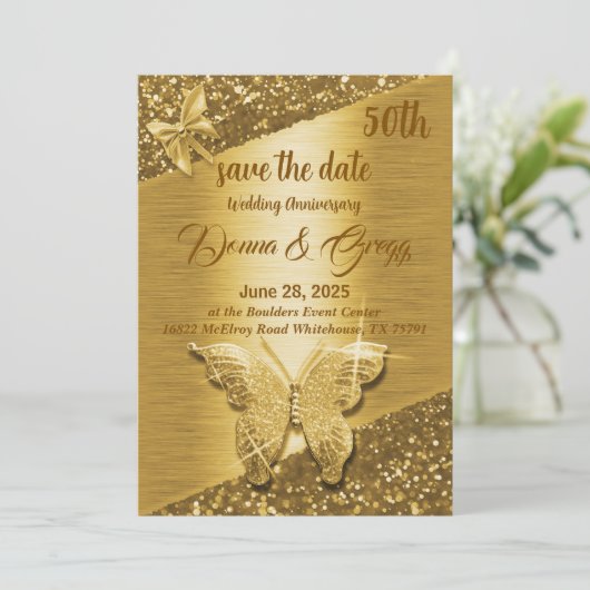 50ste goud Save the Date bruiloft Kaart (Staand voorkant)