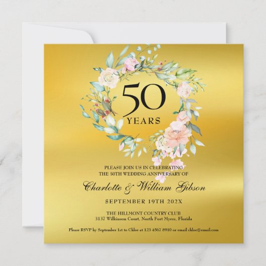 50ste gouden huwelijksjubileum bloemig goud folie kaart (Voorkant)