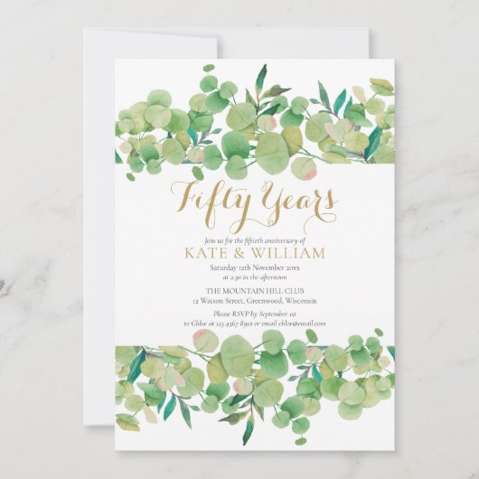 50ste gouden huwelijksjubileum Eucalyptus Script Kaart (Voorkant)