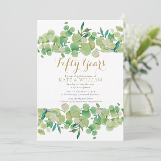 50ste gouden huwelijksjubileum Eucalyptus Script Kaart (Staand voorkant)