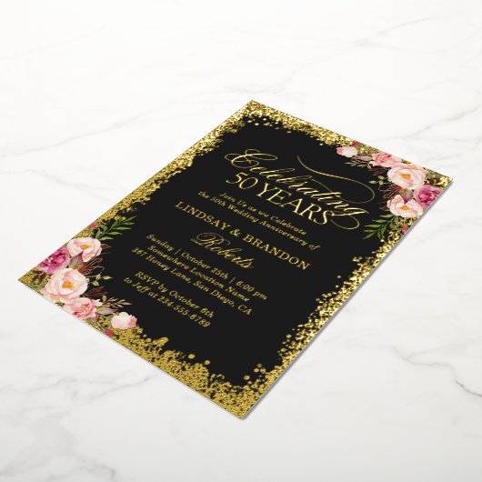 50ste gouden huwelijksjubileum foto goud glitters folie uitnodiging (Gedraaid)