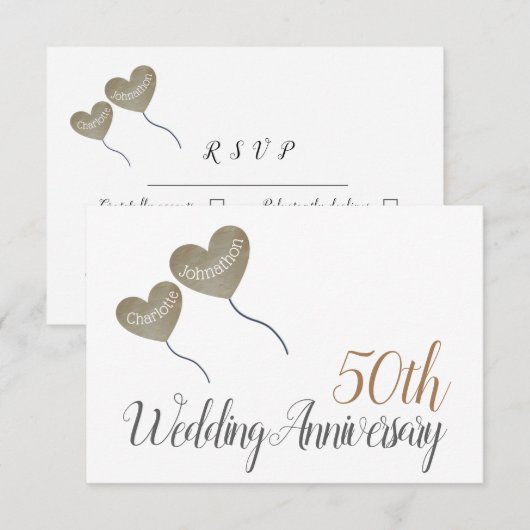 50ste gouden huwelijksjubileum gouden hartballon RSVP kaartje (Voorkant / Achterkant)