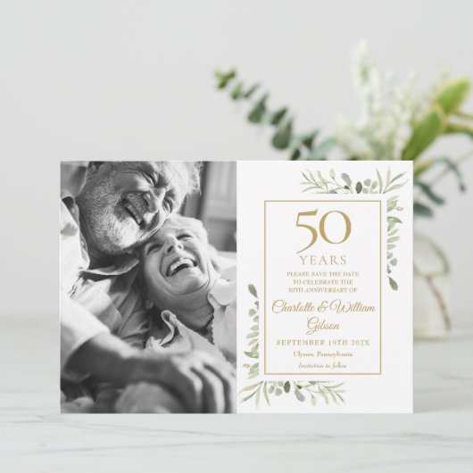 50ste gouden huwelijksjubileum groen foto save the date (Staand voorkant)
