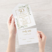 50ste gouden huwelijksjubileum groen monogram all in one uitnodiging (Afscheurbaar)