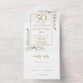 50ste gouden huwelijksjubileum groen monogram all in one uitnodiging (Binnen)