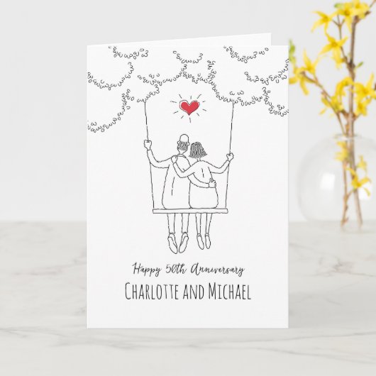 50ste gouden huwelijksjubileum Rode Hart Swing Kaart (Gele Bloem)