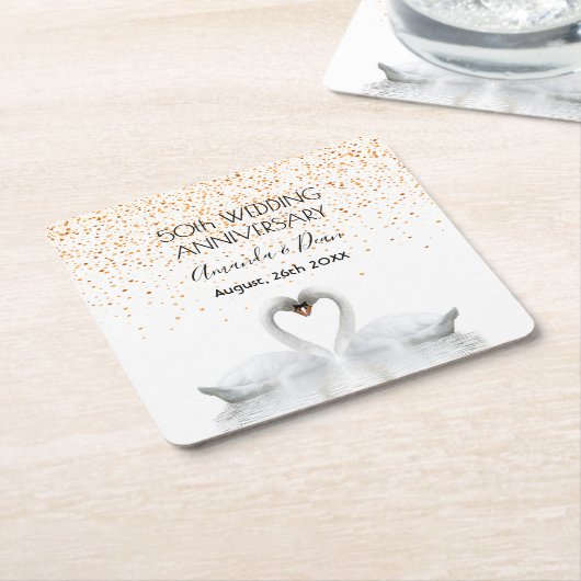 50ste gouden huwelijksjubileum witte zwanen verlie kartonnen onderzetters (Schuin)