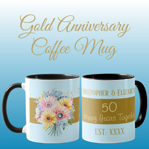 50ste gouden jubileum bloemen namen blauw mok