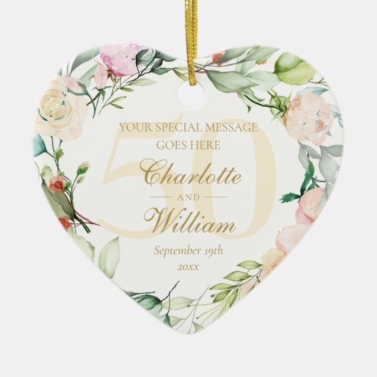 50ste gouden trouwdag bloemig monogram keramisch ornament (Voorkant)