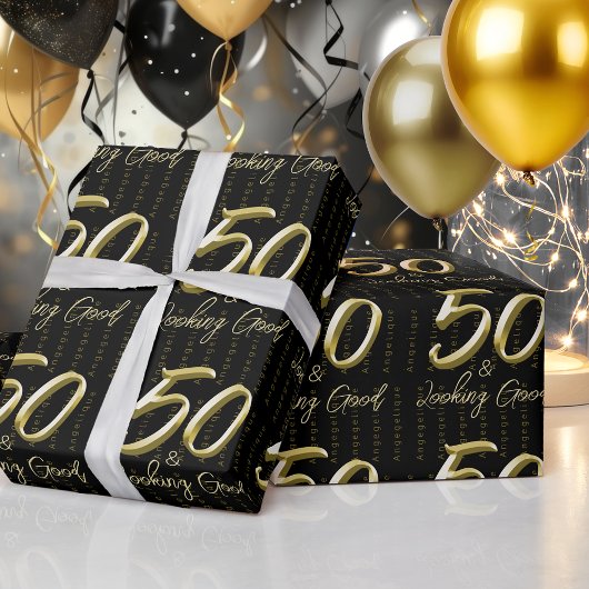 50ste Gouden Verjaardag Aangepaste Naam Verpakking Cadeaupapier