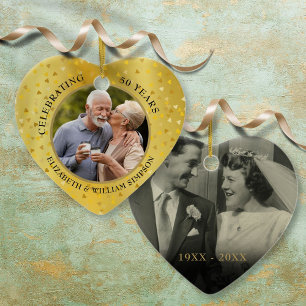50ste huwelijksjubileum 2 foto gouden harten keramisch ornament